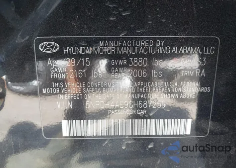 2016 Hyundai Elantra Se from USA, damaged, VIN 5NPDH4AE9GH687259